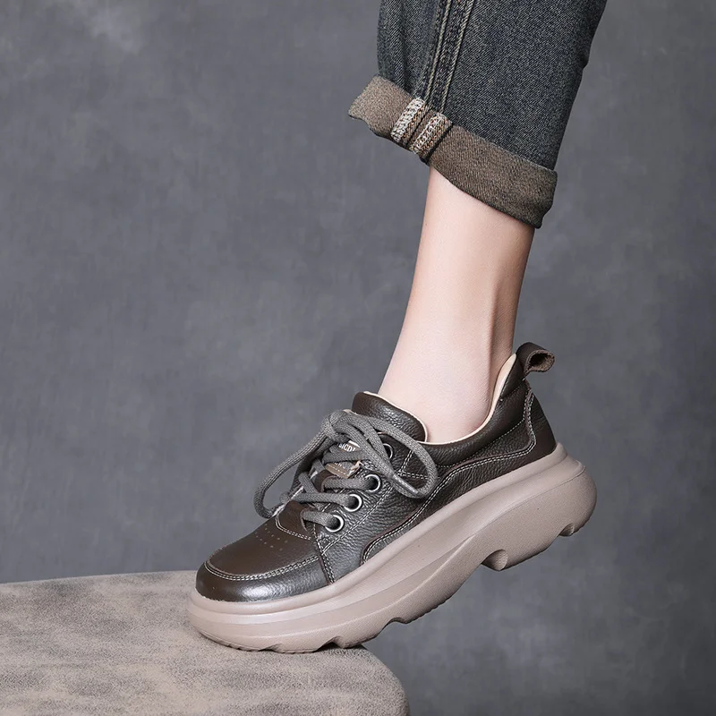 Yyvonne Layer Cowhed Thick Sole Casual Single Shoe Women 2025 Spring New Soft Bottom Round Head Tie Comfortable Women Shoes