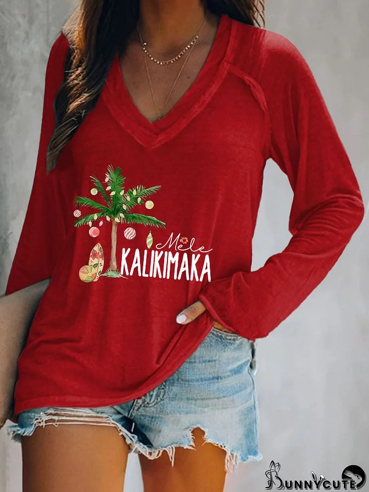 Women's Mele Kalikimaka Christmas Palm Tree Print Long Sleeve T-Shirt