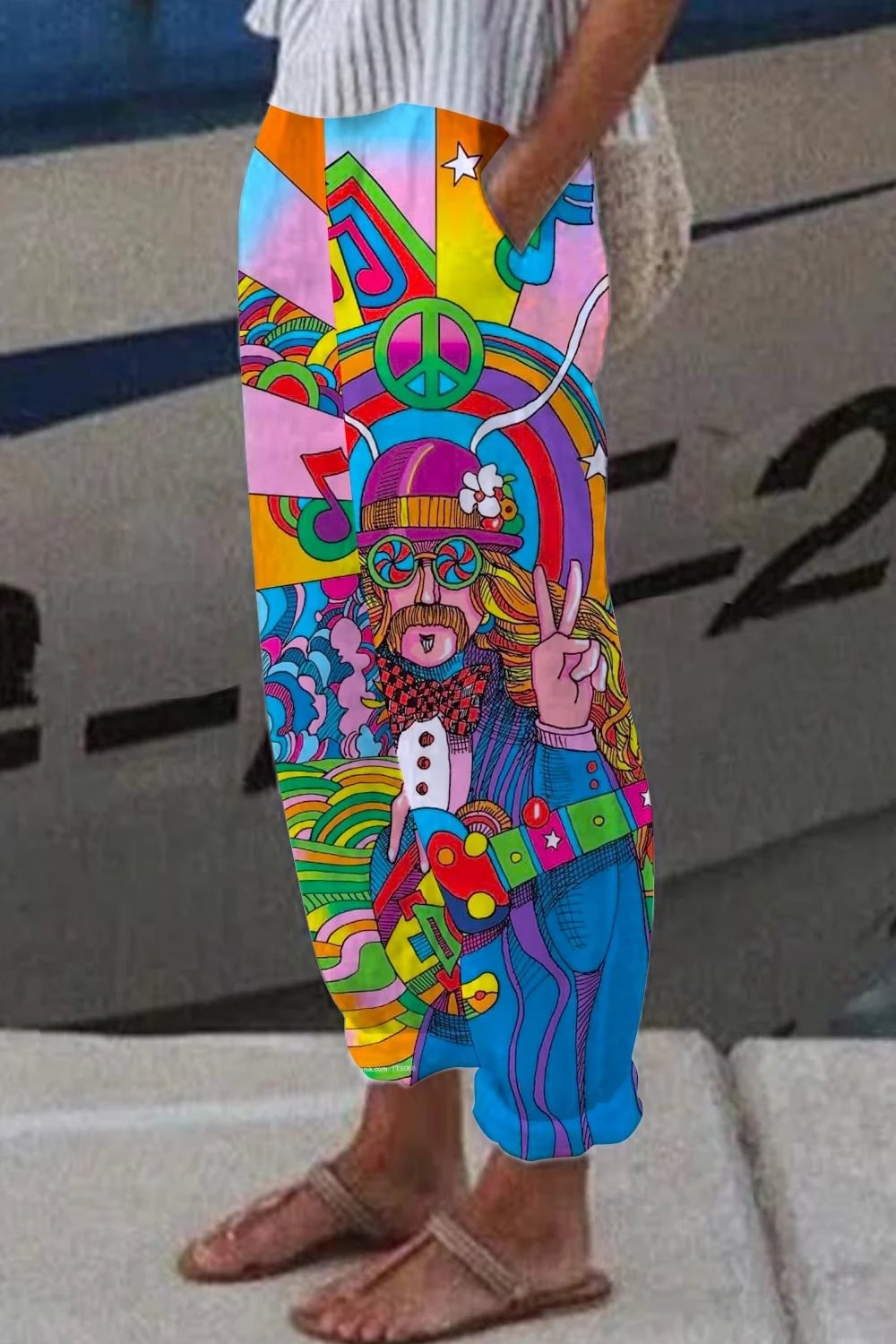 Hippie Music Guitar Print Loose Pocket Casual Pants