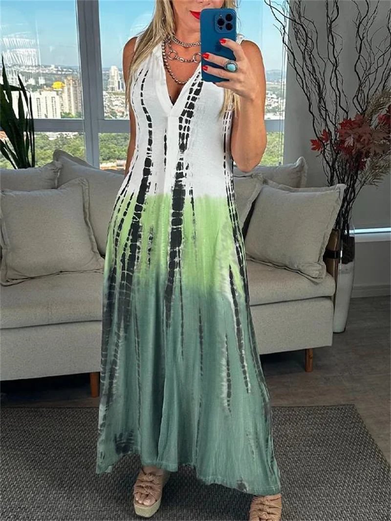 Women's Elegant Bohemian V- Neck Sleeveless Contrasting Colors Printed Tank Top Dress