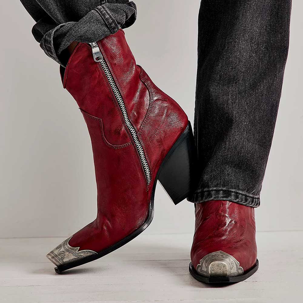 Maroon Vegan Leather Metallic Snip Toe Zip Cowgirl Ankle Boots    