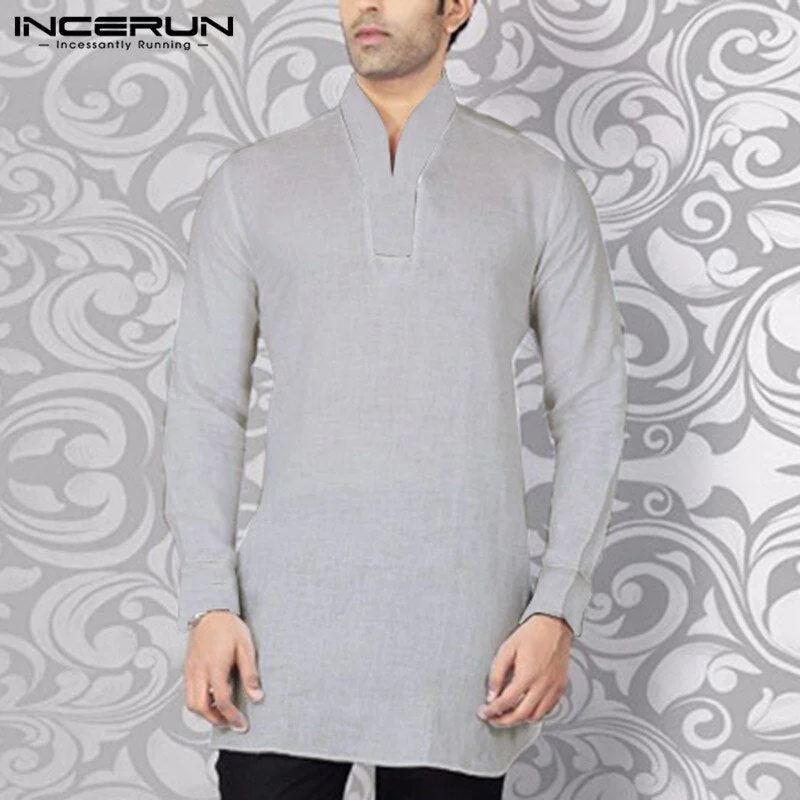 INCERUN Men Shirt Streetwear V Neck Long Sleeve Patchwork Fitness Vintage Casual Shirts Men Indian Clothes Plus Size 2022