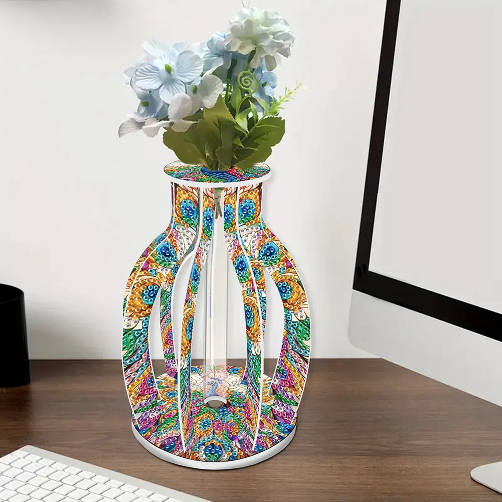 Acrylic Wood Peacock 5D DIY Diamond Painting Flower Vase for Home Office Decor