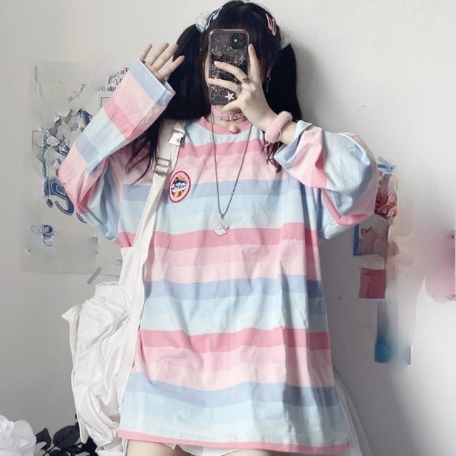 harajuku Long Sleeve T Shirt girl Christmas Topspring autumn embroidery stripe Tops Tee Women full Sleeve T-shirt Casual Female - BlackFridayBuys