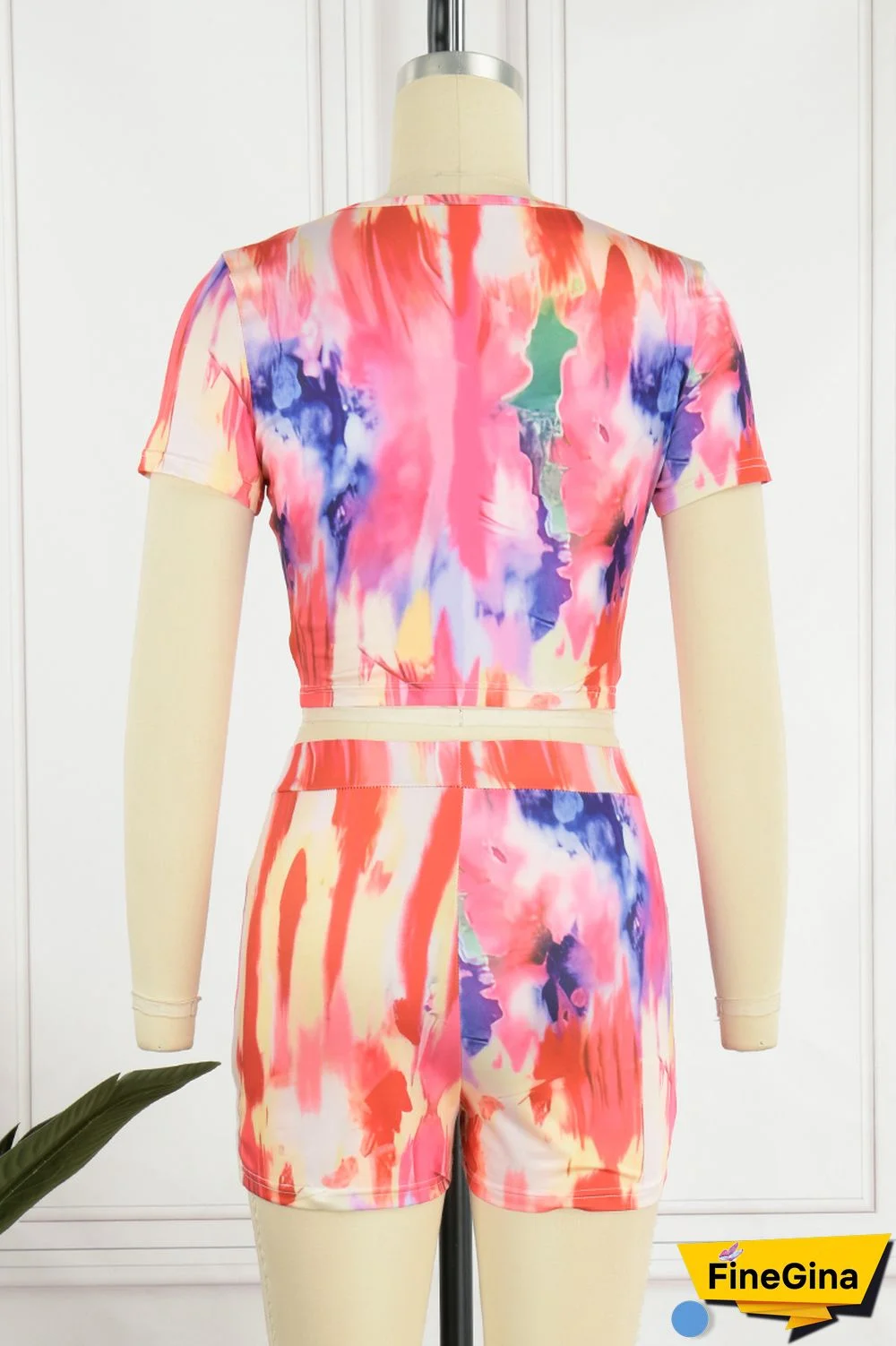 Red Casual Print Basic O Neck Short Sleeve Two Pieces