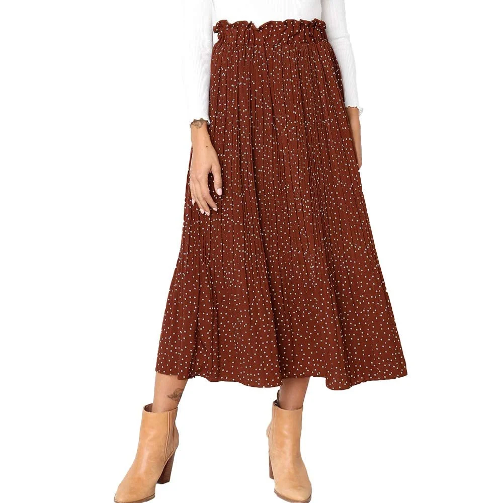 Womens High Waist Polka Dot Pleated Skirt Midi Swing Skirt with Pockets