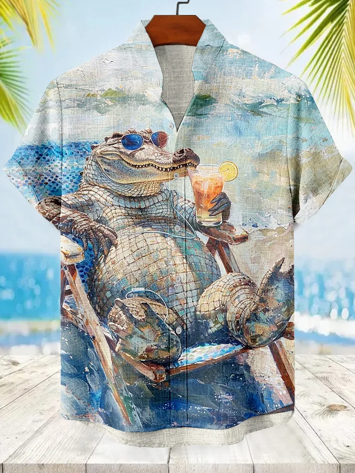 Men's Hawaiian Vacation Crocodiles Drinking Cocktails Print Casual Shirt