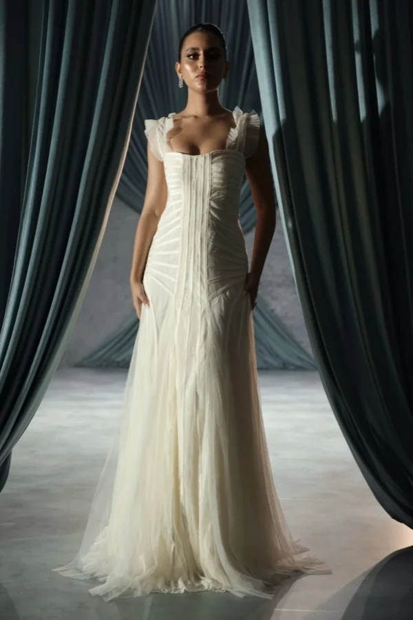 Off White Tulle Square Neck Wide Shoulder Straps Sleeveless Long A-Line Prom Dress With Pleated And Ruffles | YC0267 Wellcucu