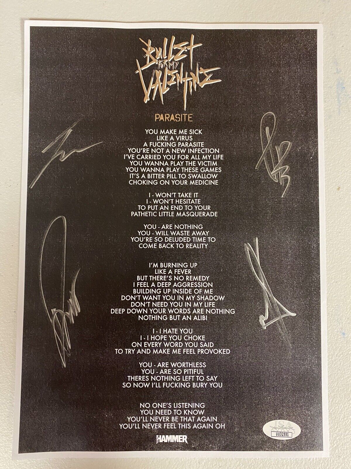 BULLET FOR MY VALENTINE SIGNED AUTOGRAPHED LYRIC SHEET WITH JSA COA # UU32551