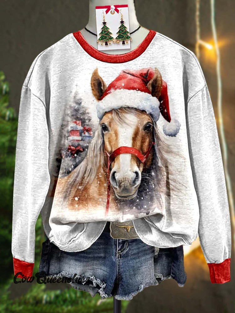 Christmas Horse Print Casual Sweatshirt Multicolor / S