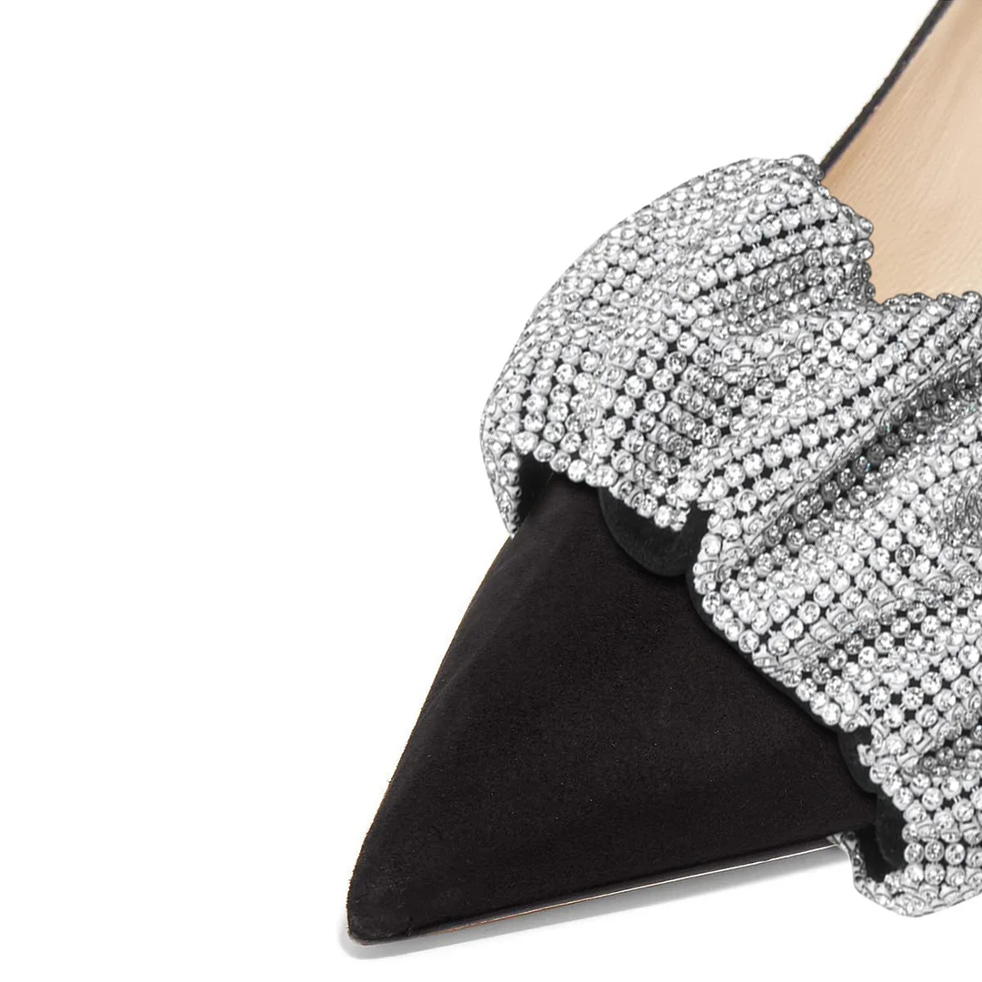 Faux Suede Pointed Rhinestone Embellished Black Kitten Heels