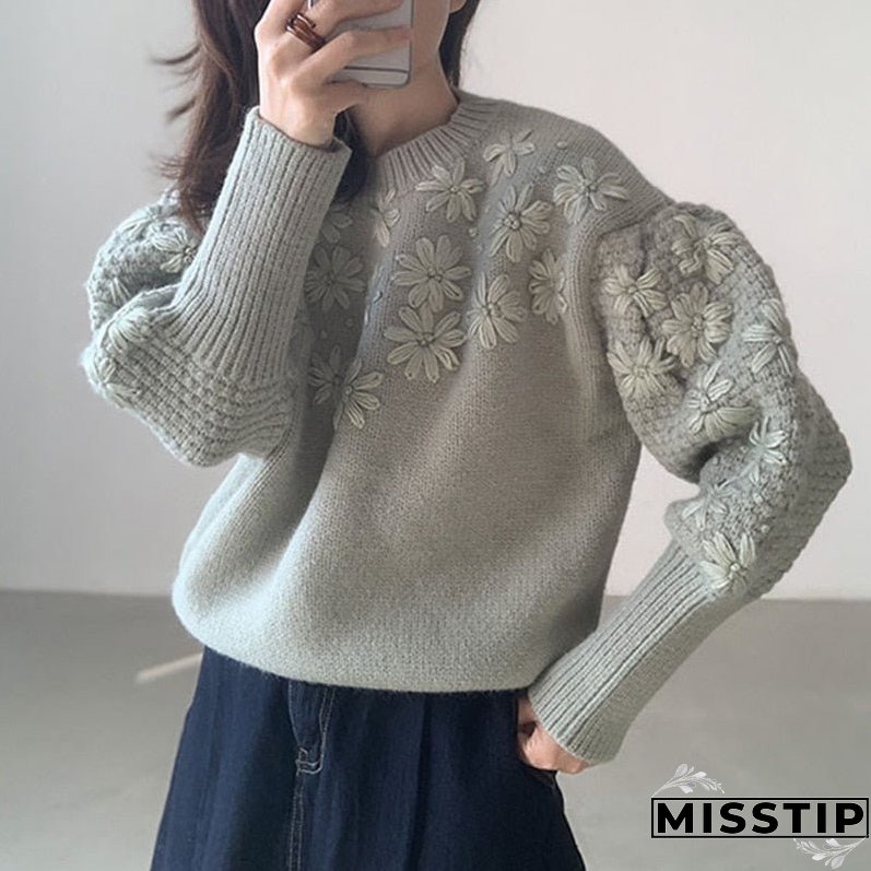 Thanksgiving Gift Vintage Daisy Embroidery Sweaters Women Korean Style Loose Lantern Sleeves Knit Pullovers Female Autumn Winter Thick Warm Jumper