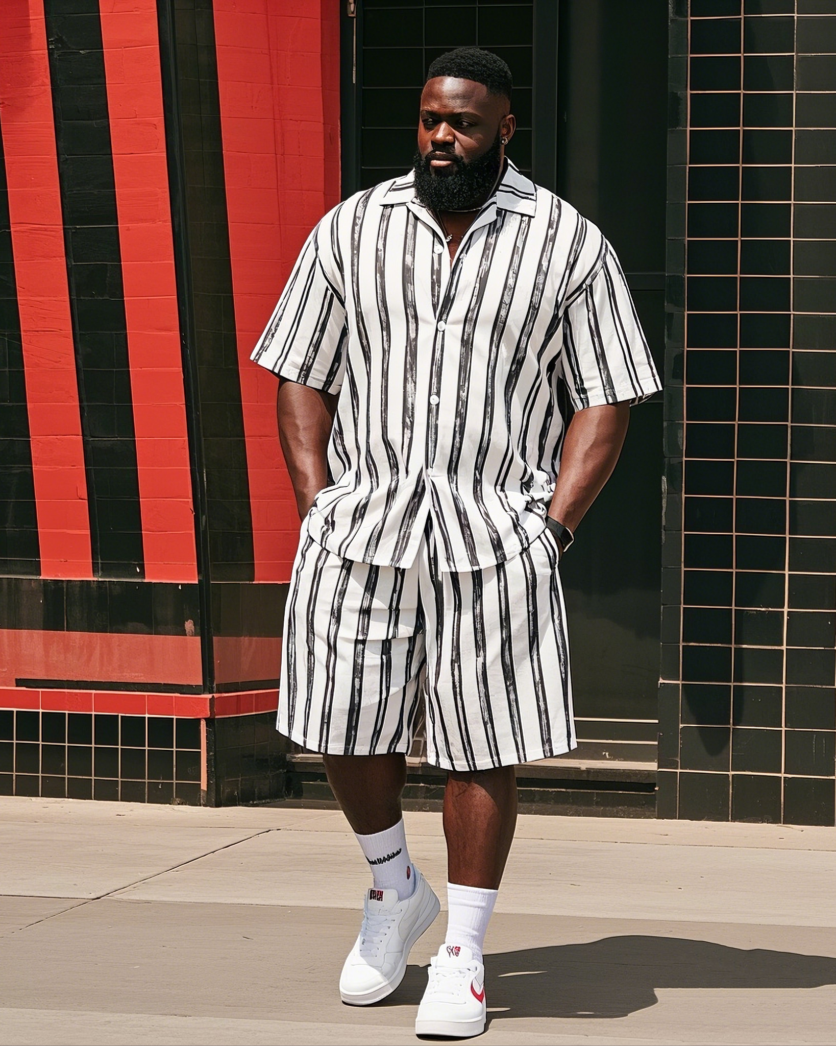 Big Man's Simple Stripe Stitching Color Block Printing Short Sleeve Shirt Shorts Suit