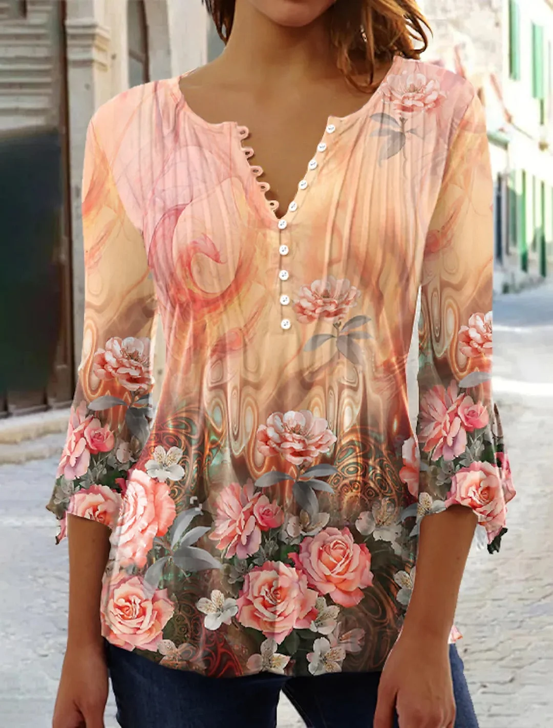Women's 3/4 Sleeve V-Neck Graphic Floral Printed Top