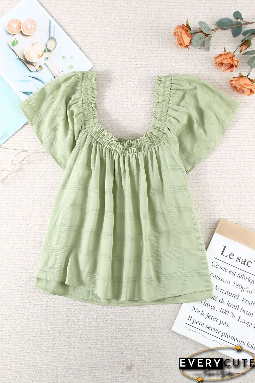 Green Square Neck Jacquard Short Sleeves Top