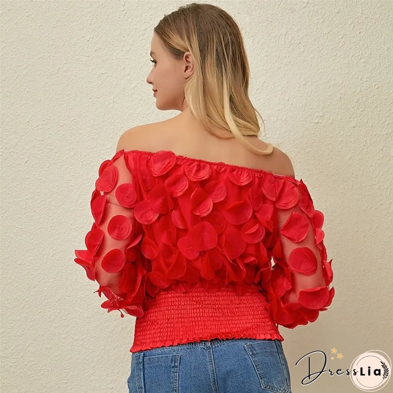 Sexy Off Shoulder Womens Tops And Blouses Mesh Sheer Puff Sleeve Tops Summer 3D Flower Vintage White Women Shirt Blouse 210308