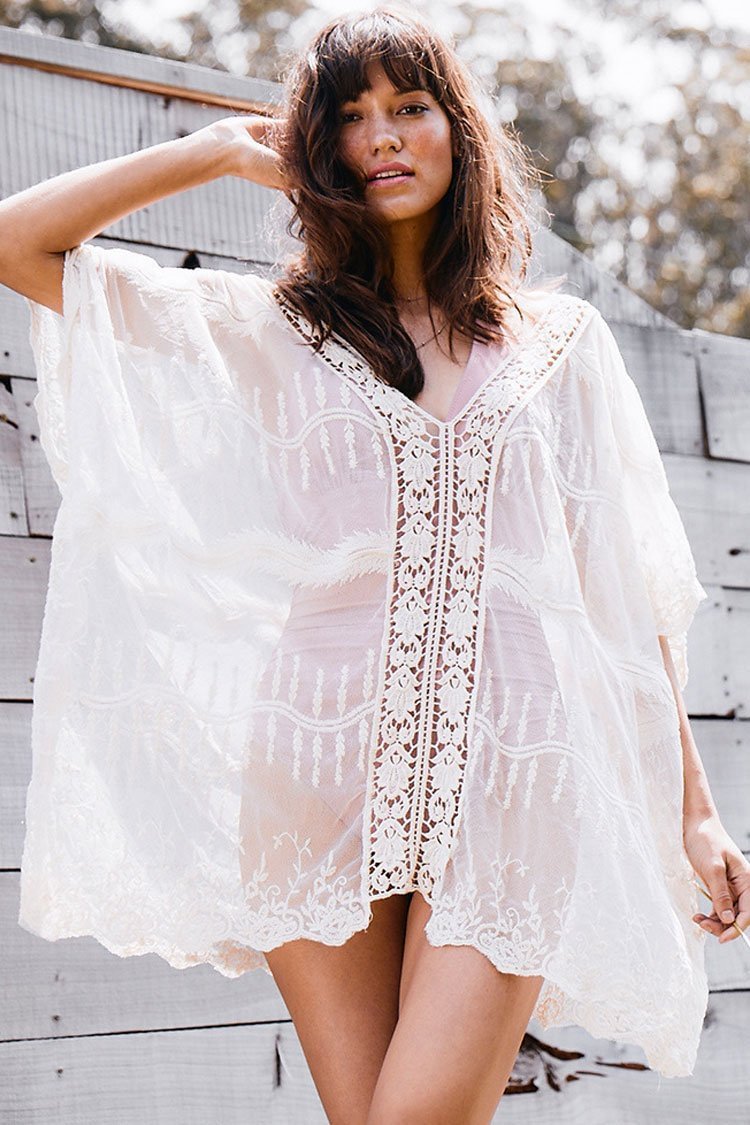 Floral Lace Crochet Sleeved Sheer Kaftan Cover Up - Shop Trendy Women's Clothing | LoverChic