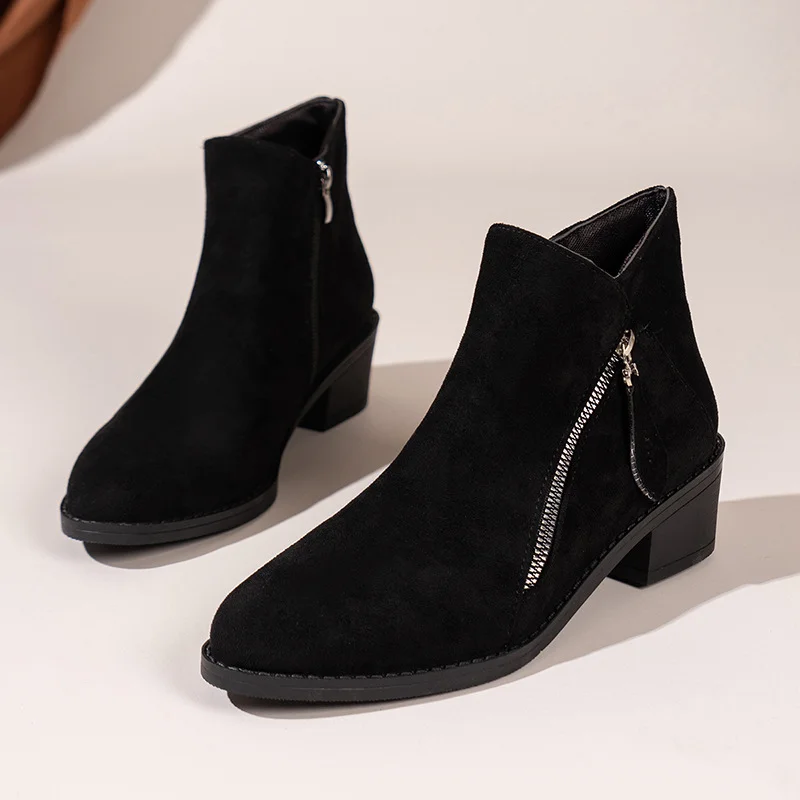 Churchf Churchf Fashion Solid Color Fashion Boots Fall 2023 New Women's Boots Pointed Head Side Zipper Thick Heel Leather Boots