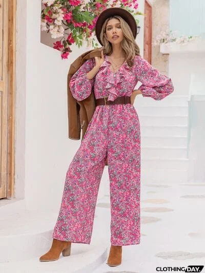 Printed Ruffled V-Neck Balloon Sleeve Jumpsuit