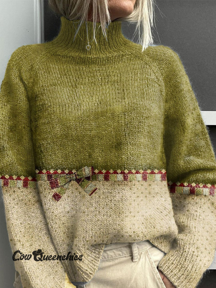 Christmas Gift Print Knit Turtleneck Pullover Sweater Green / S