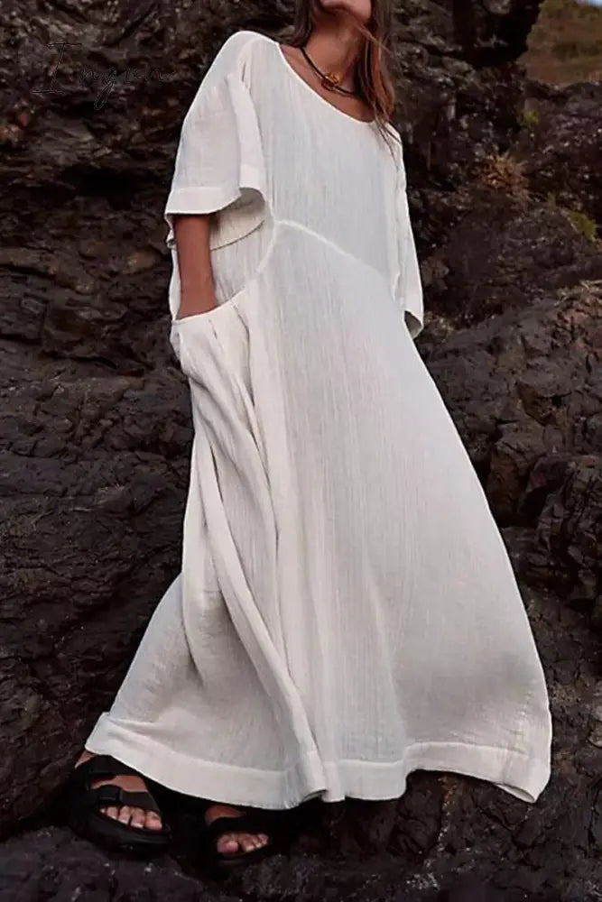 Ingvn - Casual Simplicity Solid Pocket O Neck A Line Dresses White / S Dresses/Casual