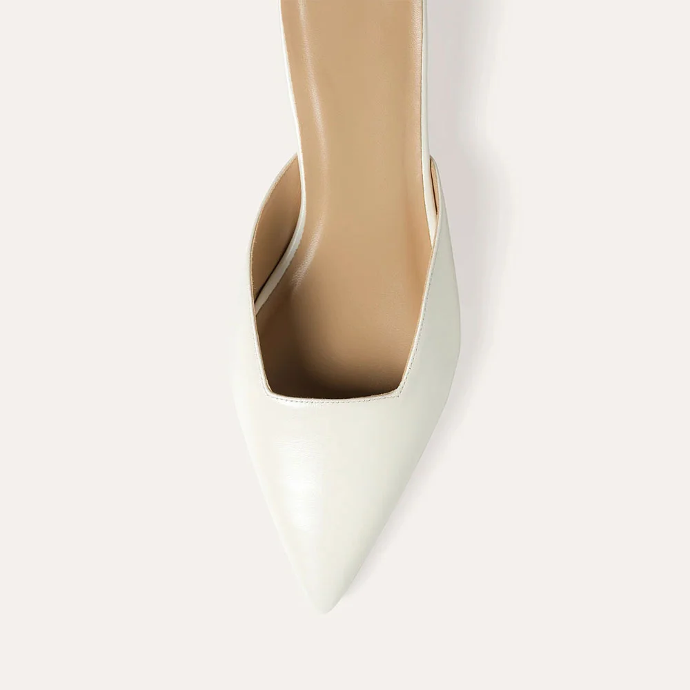 White Faux Leather Pointed Toe Square Cut Slip On Mule Kitten Heels