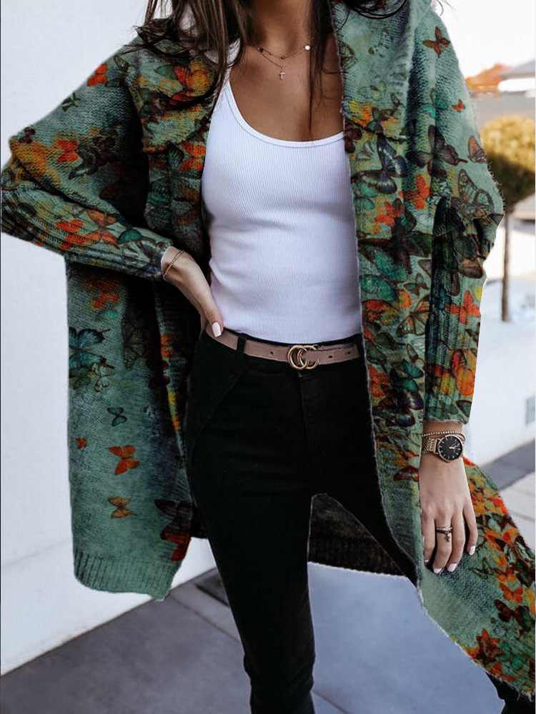 Casual butterfly Printed hooded coat