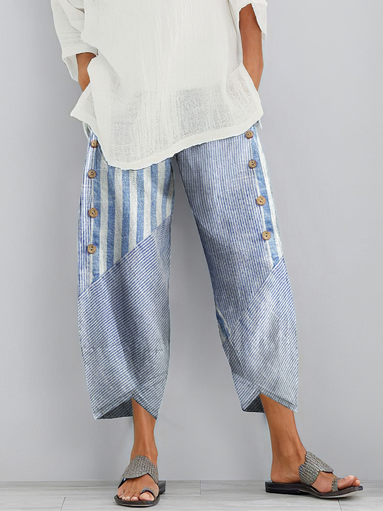 Comstylish Personalized Stripes Splicing Blended Cotton Loose Casual Pants