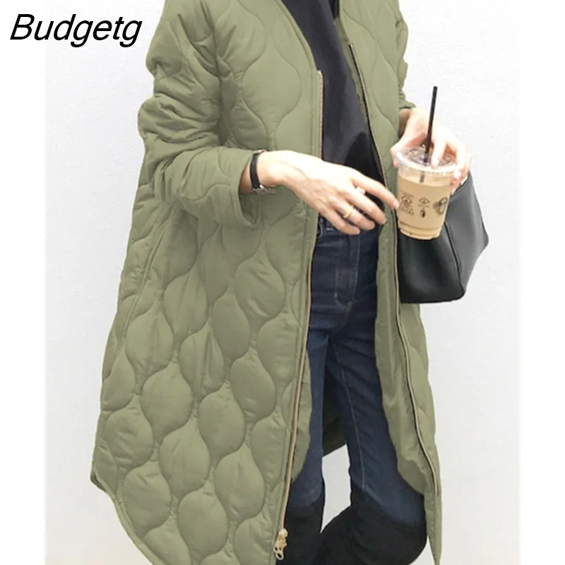  Women's Winter Jacket 2023 Zipper Green Loose Warm Plaid Top V-Neck Casual Streetwear Light Long Quilted Coats Female Cardigan 921-0