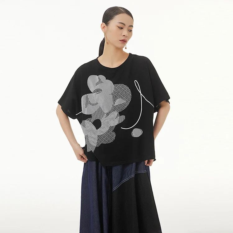 3.31Casual Loose O-Neck Abstract Pattern Short Sleeve T-shirt