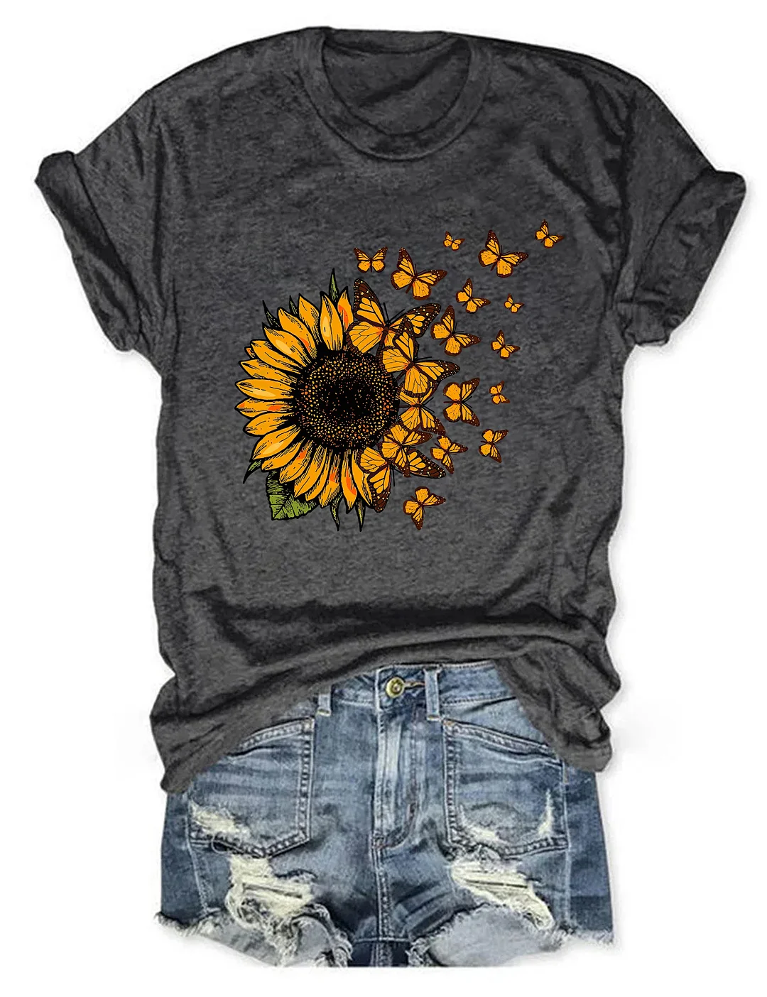 Beautiful Sunflower And Flying Butterflies T-shirt