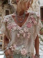 Women's Floral Embroidered Art V-neck Short Sleeve Linen Blend T-shirt