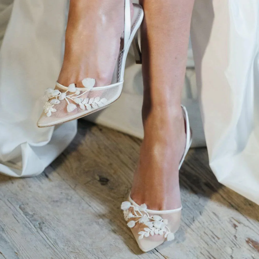 White Lace Hallow Pumps Flower Pattern Slingback Stiletto Heels Nicepairs