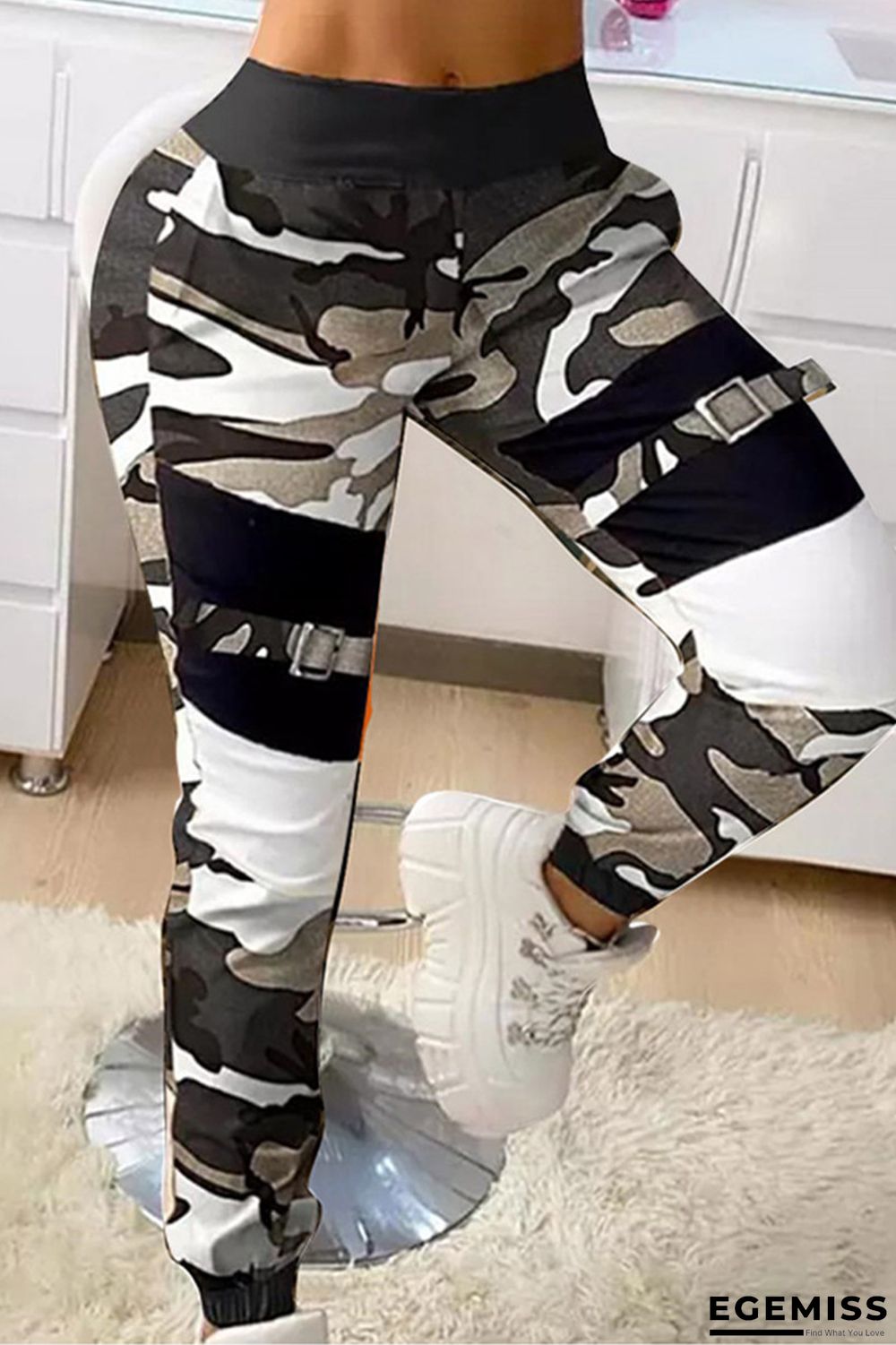 Black White Fashion Casual Camouflage Print Patchwork Mid WaistTrousers | EGEMISS