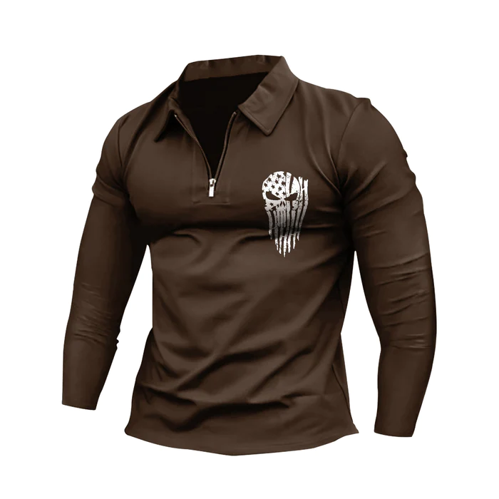 SKULL ZIPPER QUICK DRY GRAPHIC LONG SLEEVE POLO SHIRT