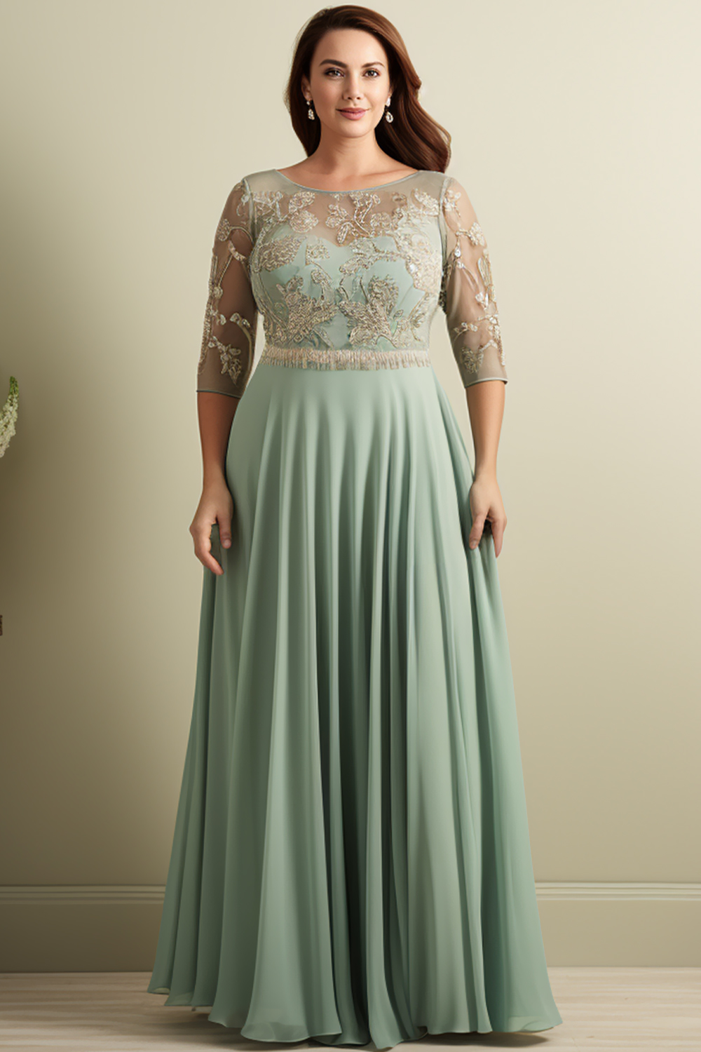 Flycurvy Plus Size Mother Of The Bride Sage Green Chiffon Lace 3/4 Sleeve Maxi Dress