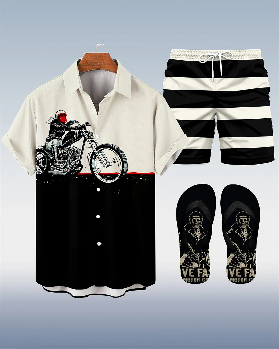 Suitmens Men's Modified Motorcycle Print Shirt Three-Piece Set 063