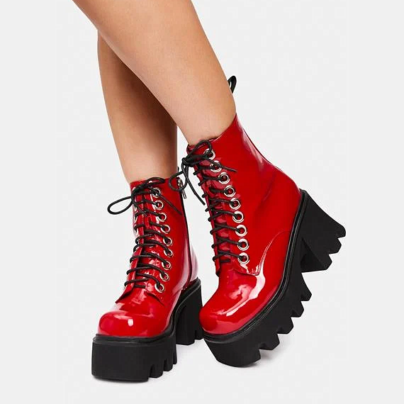 TAAFO Fall Motorcycle Shoes Square Toe Ankle Boots Goth Shoes Red Boots ...