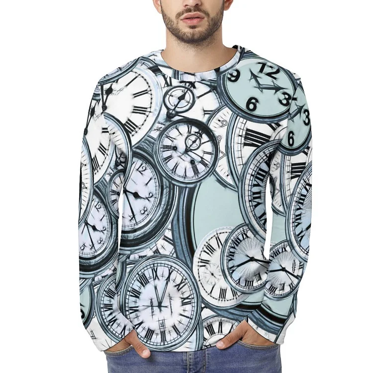 Full Print Long Sleeve T Shirt Time, Clock, Pattern