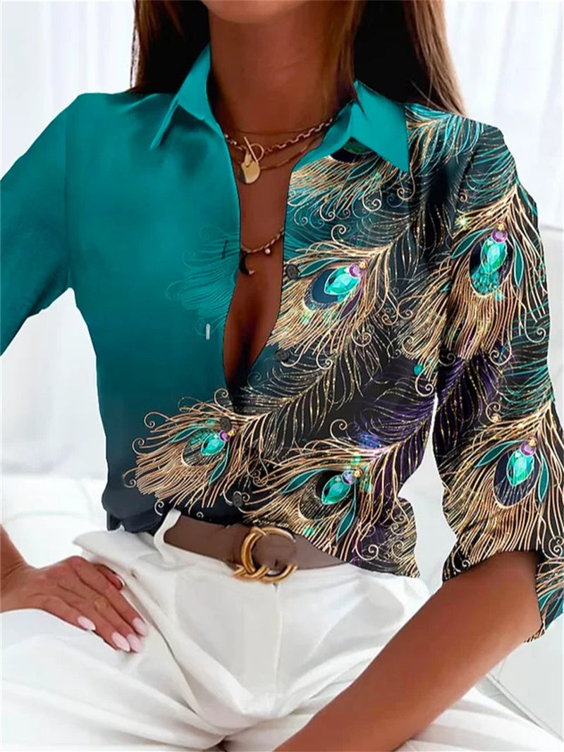 Women Long Sleeve V-neck Graphic Floral Printed Top