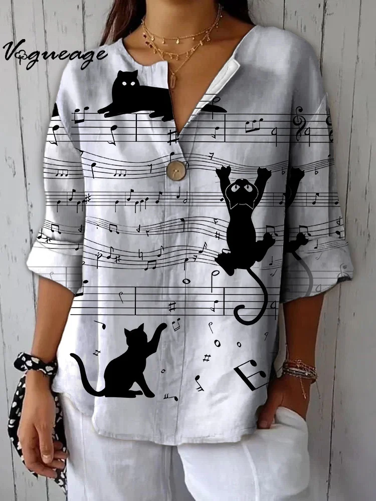 Black Cat Playing On The Staves Printed Cotton And Linen Shirt