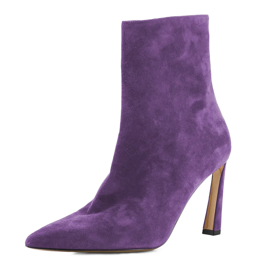 Purple Pull-On Stiletto Heel Booties for Women with Pointed Toe