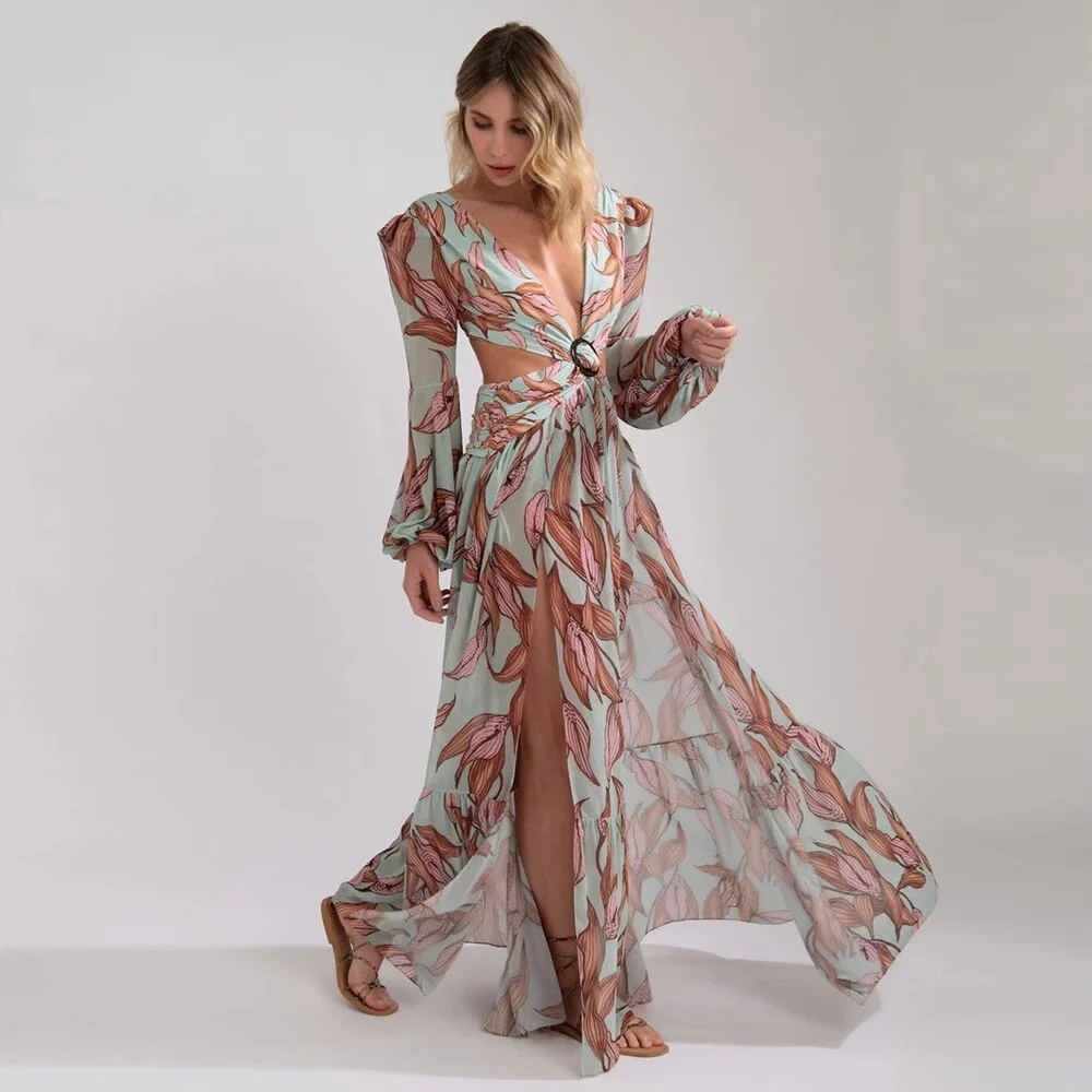 2021 Beach Dress Summer Floral Swimsuit Print Belt Bathing Suit Women Long Cover Up Off Shoulder Beachwear Bandeau Halt Swimsuit