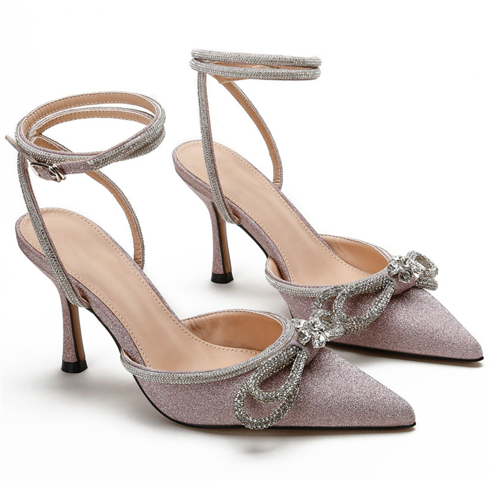 85mm Women's Stiletto Heel Ankle Strap Glitter Pumps Pointed Toe Diamond High Heels Sandals Summer Banquet Daily Wedding Shoes-MERUMOTE