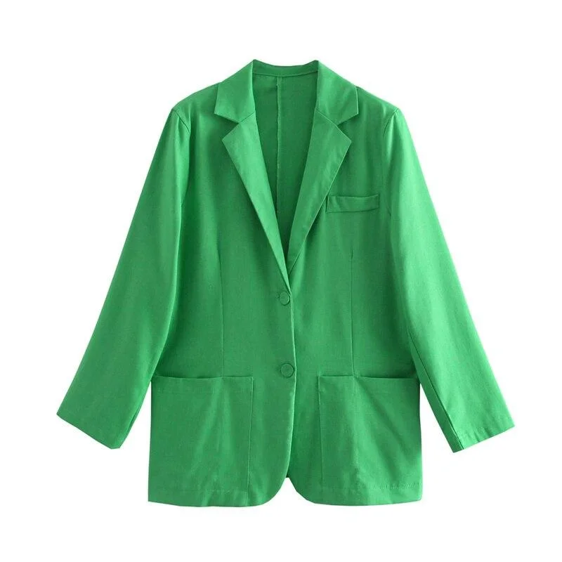 PUWD Casual Woman Green Oversized Cotton Linen Blazer 2021 Spring Fashion Female Loose Pocket Outwear Ladies Streetwear Blazers