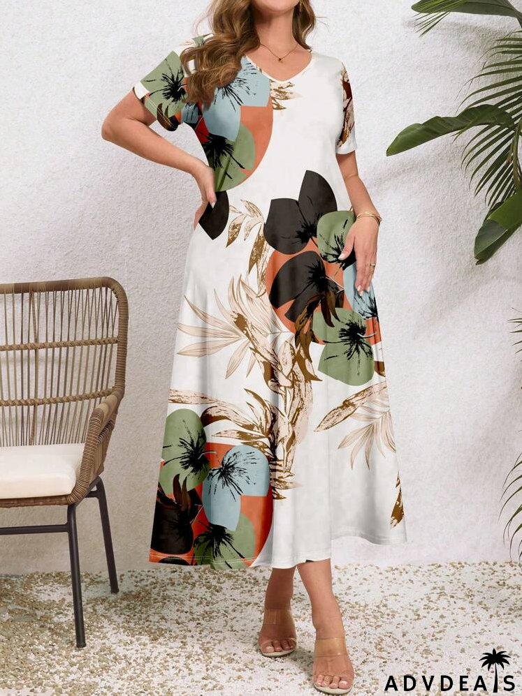 Plus Size Women Casual V-Neck Short Sleeve Dress, Summer