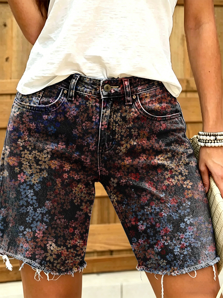 Women's Retro Floral Art Print Casual Washed Cotton Denim Shorts