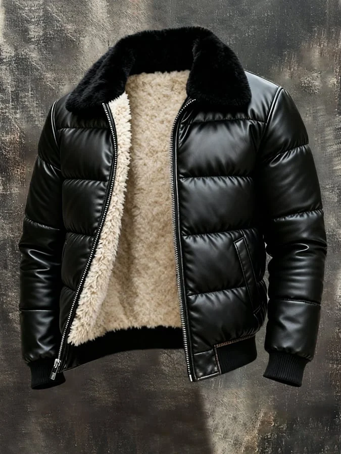 Vintage Herren-Outdoorjacke aus warmem, weichem Leder mit gro&szlig;em Pelzkragen 