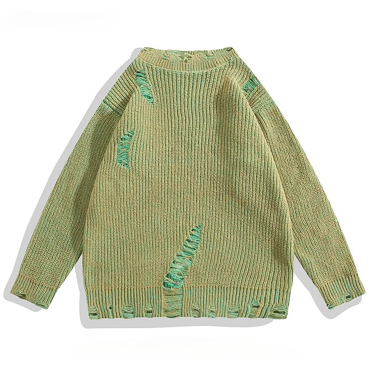 Traceeye Solid Color Ripped Hole O-neck Long Sleeve Sweaters for Men Women High Street Loose Casual Hip Hop Knitted Tops Unisex Clothing