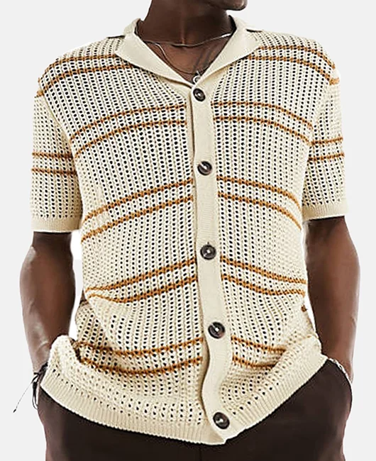 Knitted Lapel Collar Single Breasted Striped Hollow Shirt 